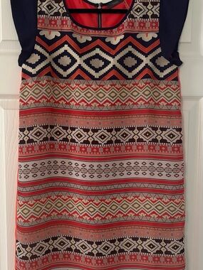THML Multicolor Tribal Print Cap Sleeve Dress (Navy, Coral, Cream)